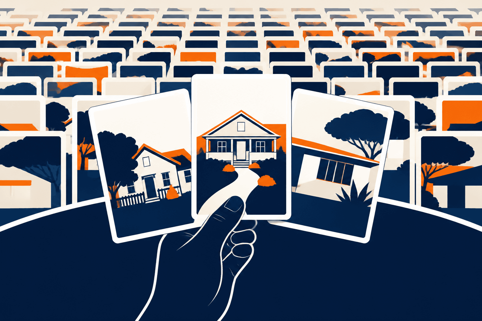 A hand holding three house listings before a wall of dozens more