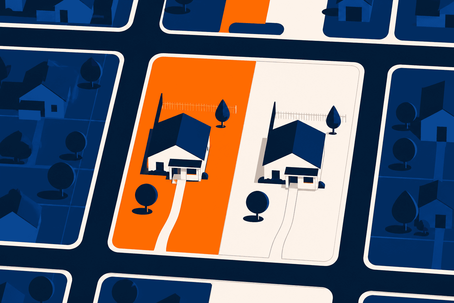 Overhead map of a block with one lot shaded inside a city limit